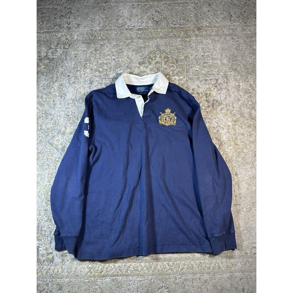 Vintage Polo Ralph Lauren Rugby Shirt Navy Blue Finest Made 67 Crest Size XL